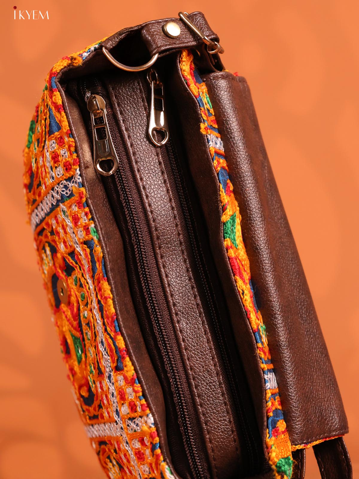 Embroidered Cotton Flap Leather Sling Bag with 3 Compartments - Yellow with Blue - KD26664 - Image 5