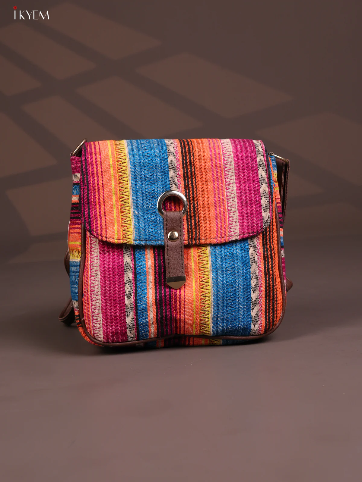 Embroidered Cotton Flap Leather Sling Bag with 3 Compartments - Multicolour - KD26665