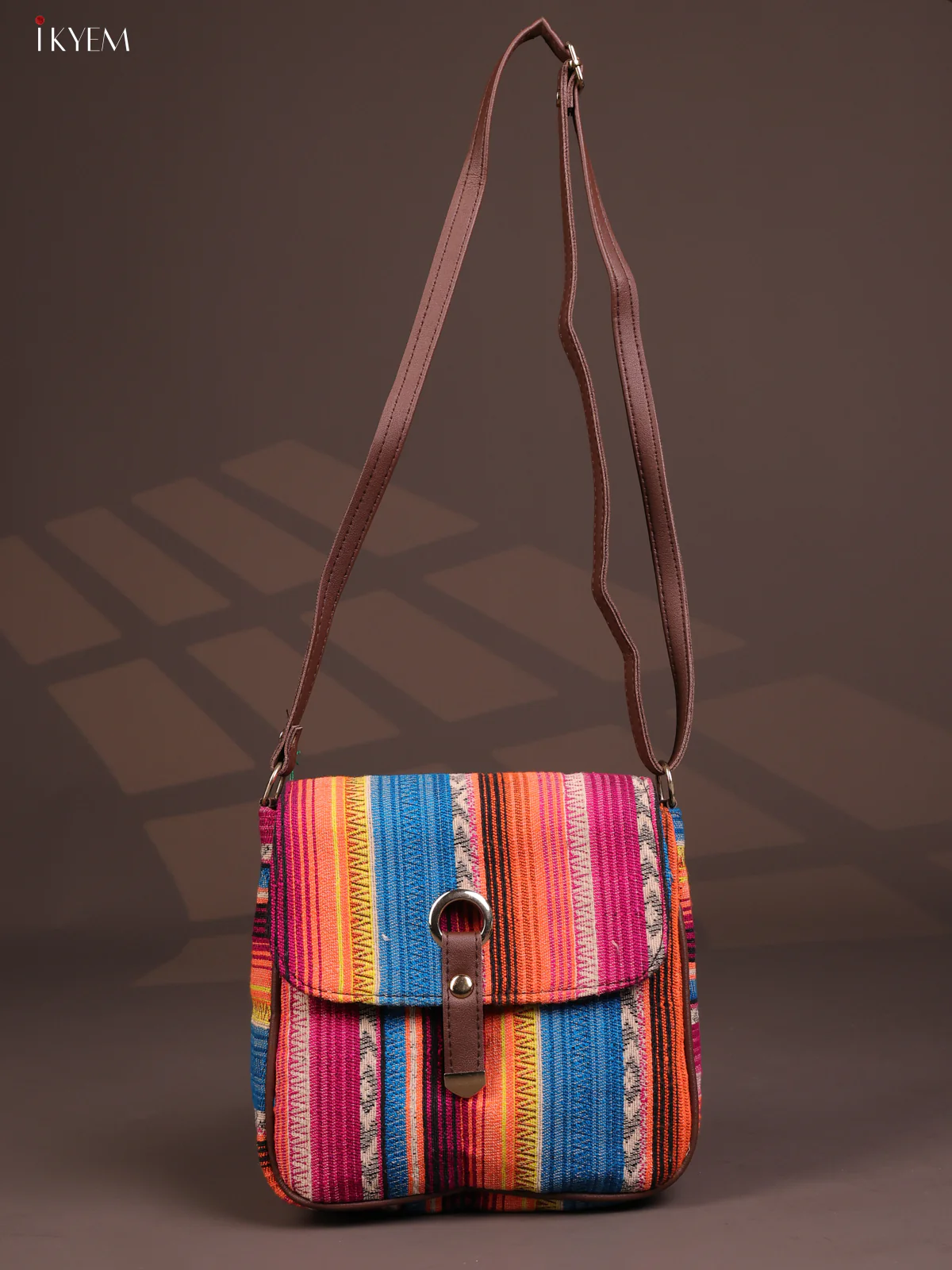 Embroidered Cotton Flap Leather Sling Bag with 3 Compartments - Multicolour - KD26665 - Image 4