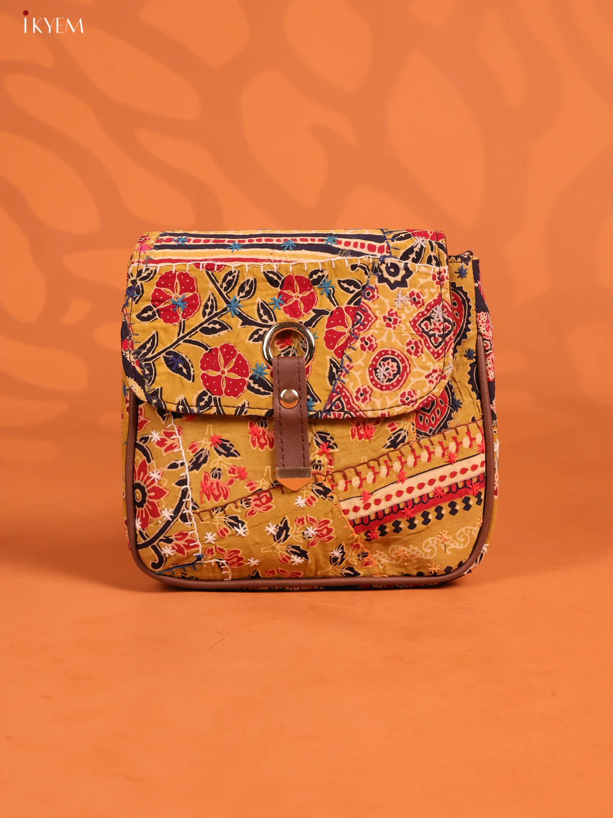 Embroidered Cotton Flap Leather Sling Bag with 3 Compartments - Multicolour - KD26666