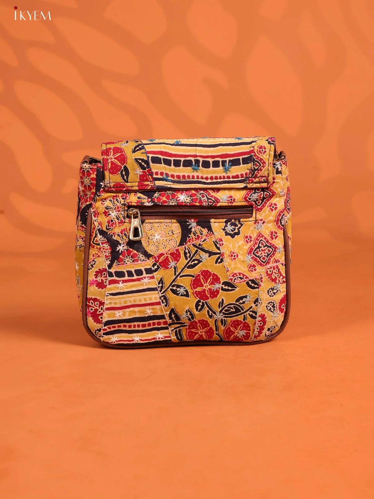 Embroidered Cotton Flap Leather Sling Bag with 3 Compartments - Multicolour - KD26666 - Image 3