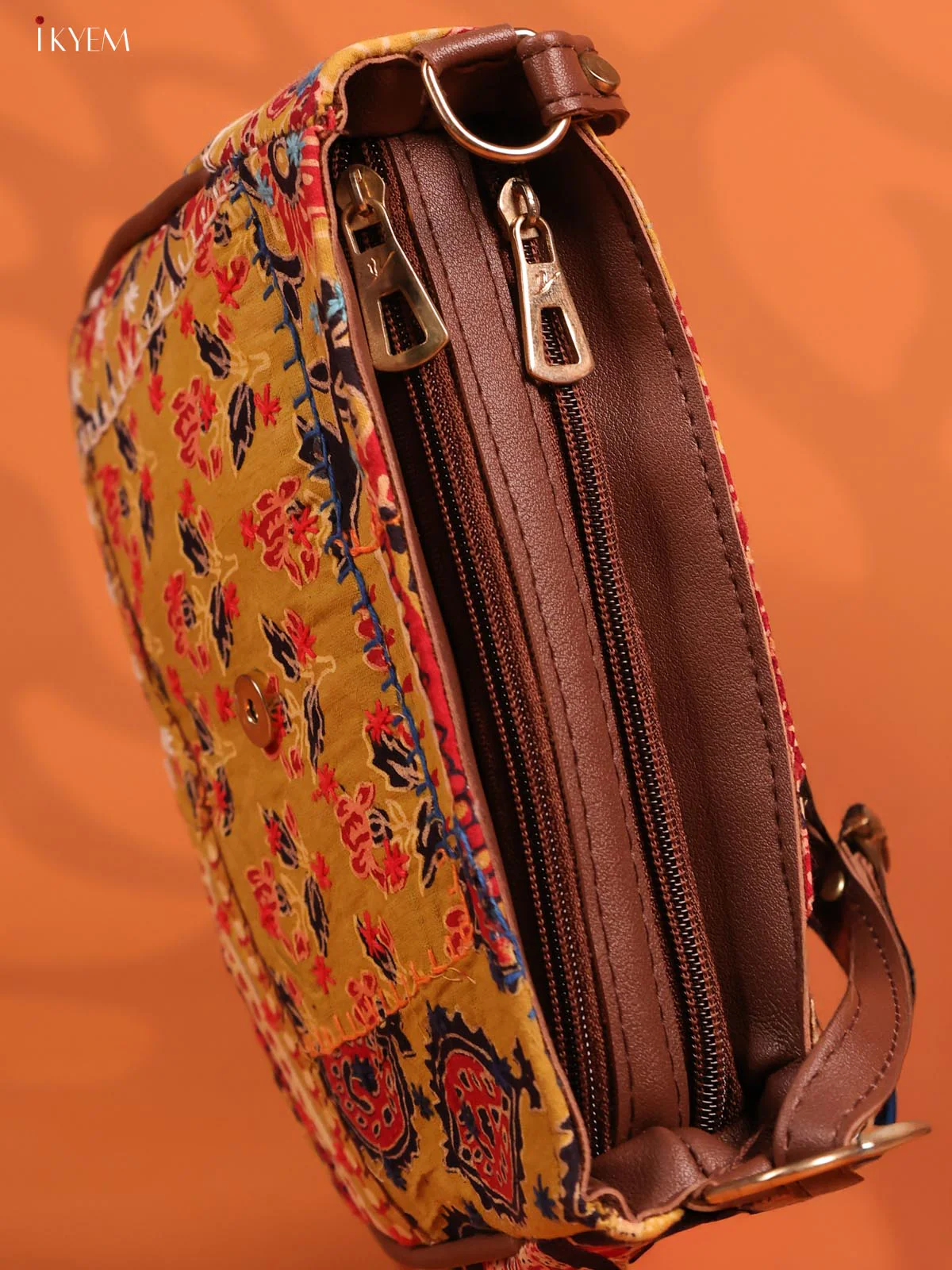 Embroidered Cotton Flap Leather Sling Bag with 3 Compartments - Multicolour - KD26666 - Image 5