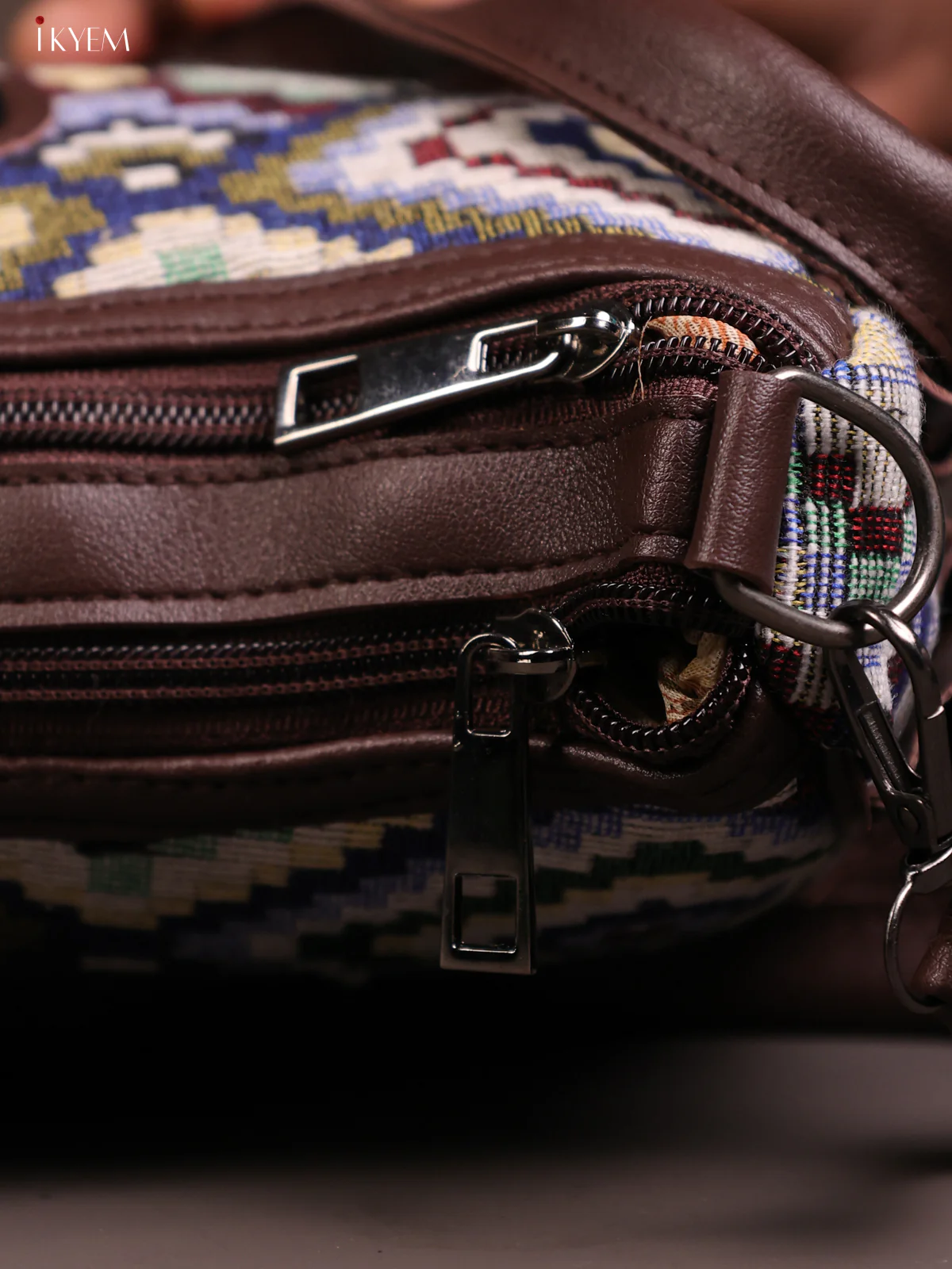 Jacquard Geometric Leather Handle Handbag with 3 Compartments - Blue - KD26667 - Image 5