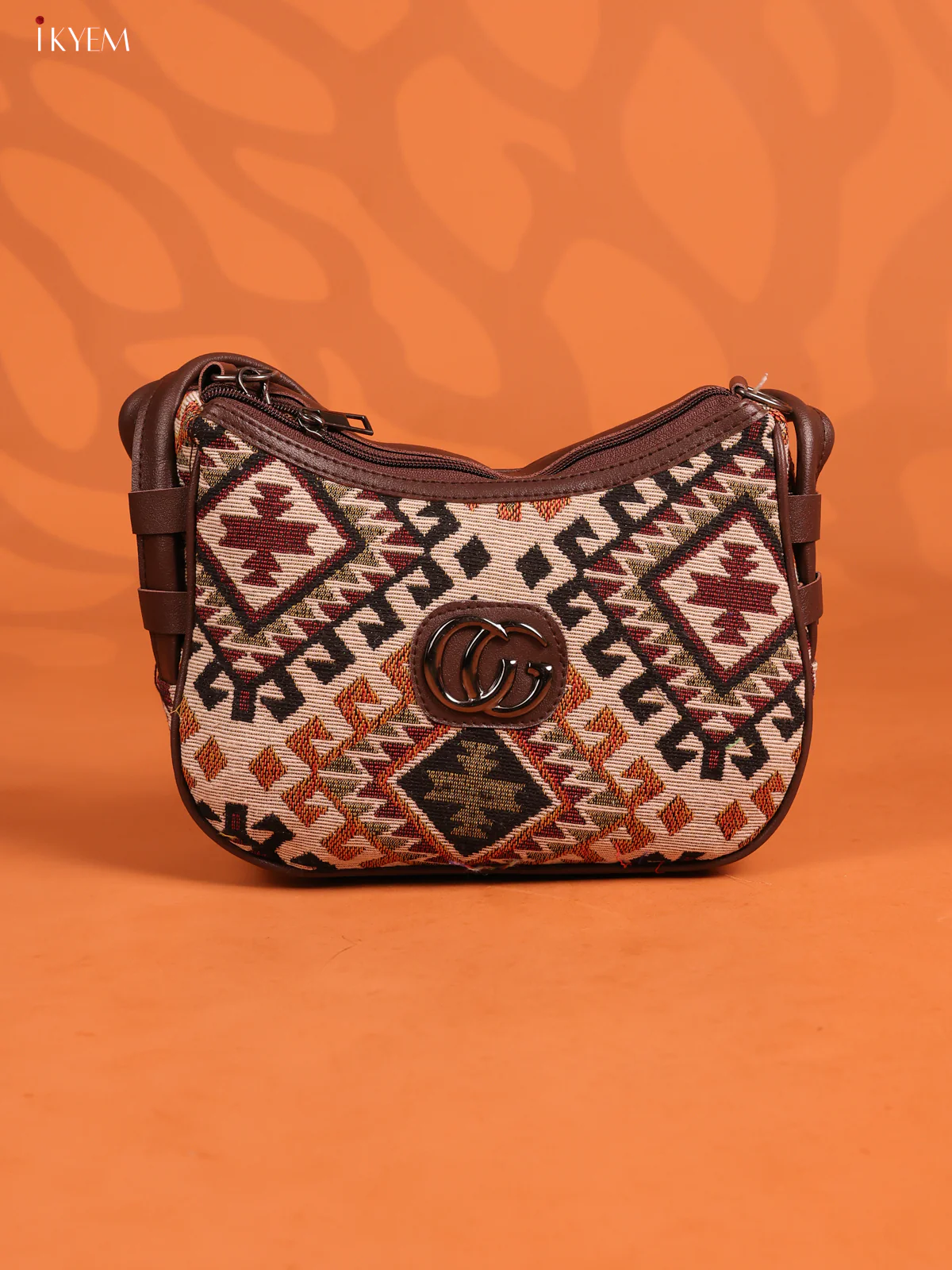Jacquard Geometric Leather Handle Handbag with 3 Compartments - Black with Brown - KD26668
