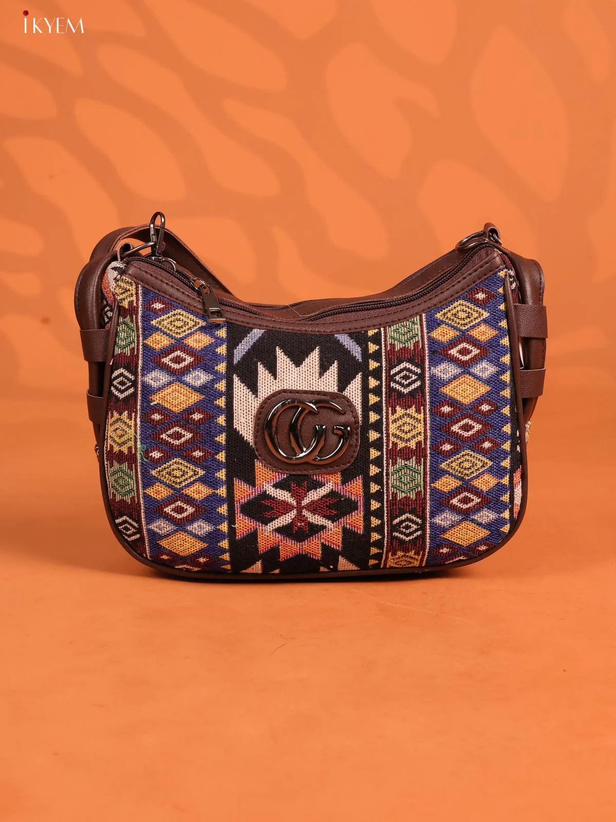 Jacquard Geometric Leather Handle Handbag with 3 Compartments - Multicolour - KD26669