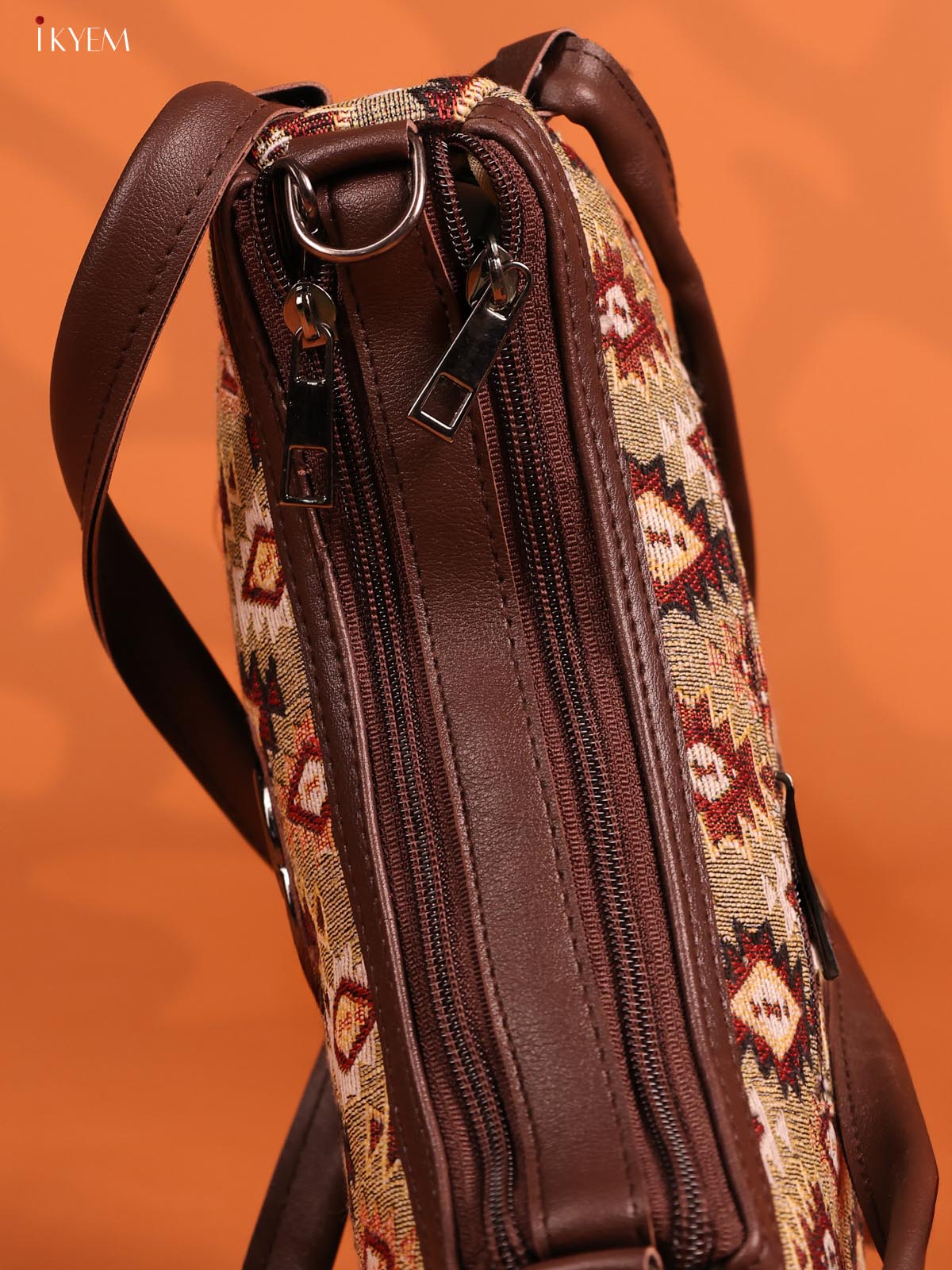 Jacquard Ikat Leather Handle Handbag with 3 Compartments - Brown - KD26670 - Image 5