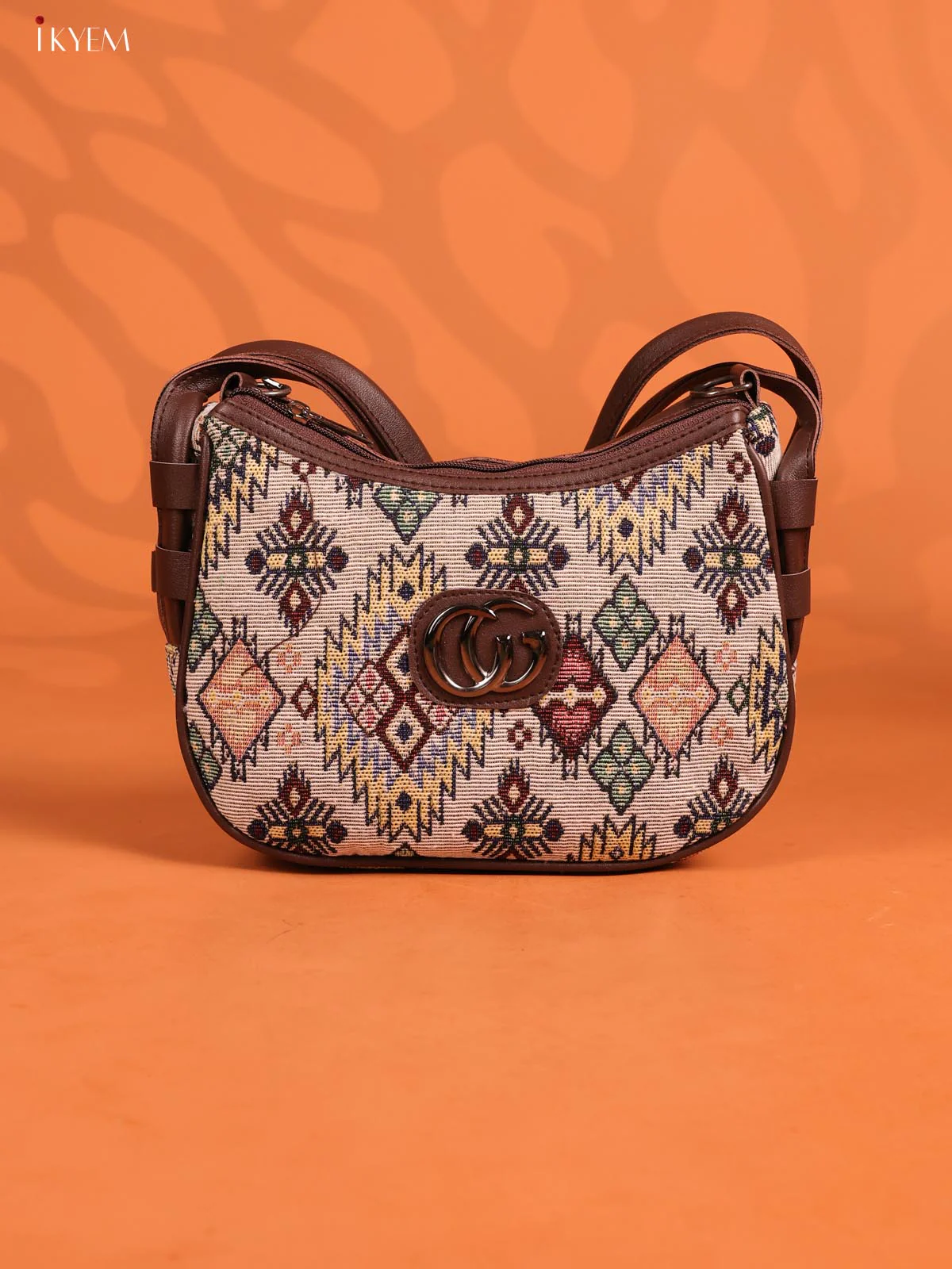 Jacquard Geometric Leather Handle Handbag with 3 Compartments - Multicolour - KD26671