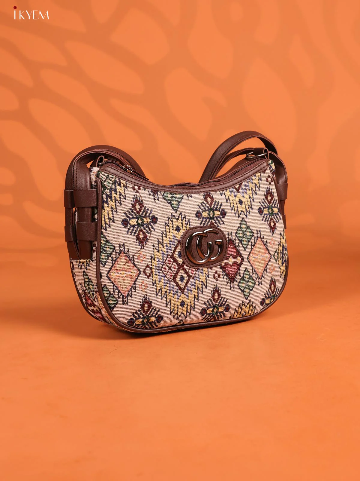 Jacquard Geometric Leather Handle Handbag with 3 Compartments - Multicolour - KD26671 - Image 2