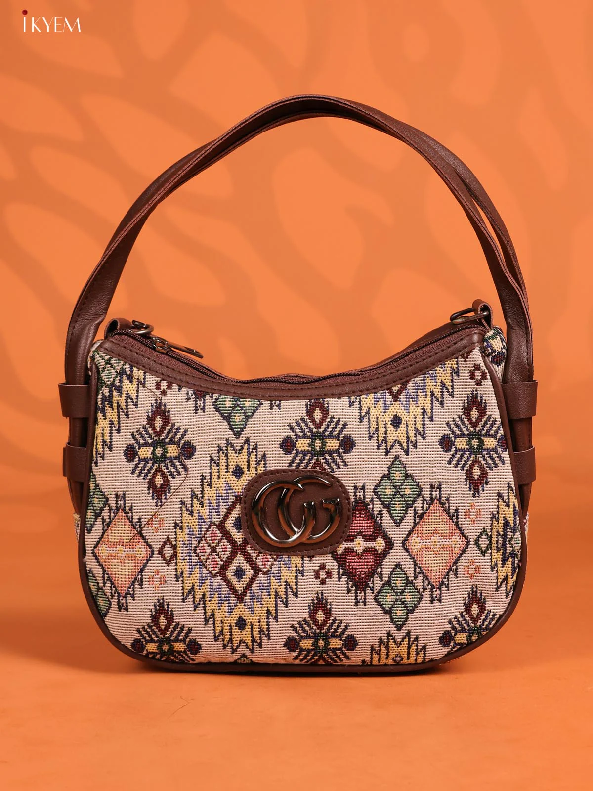 Jacquard Geometric Leather Handle Handbag with 3 Compartments - Multicolour - KD26671 - Image 4