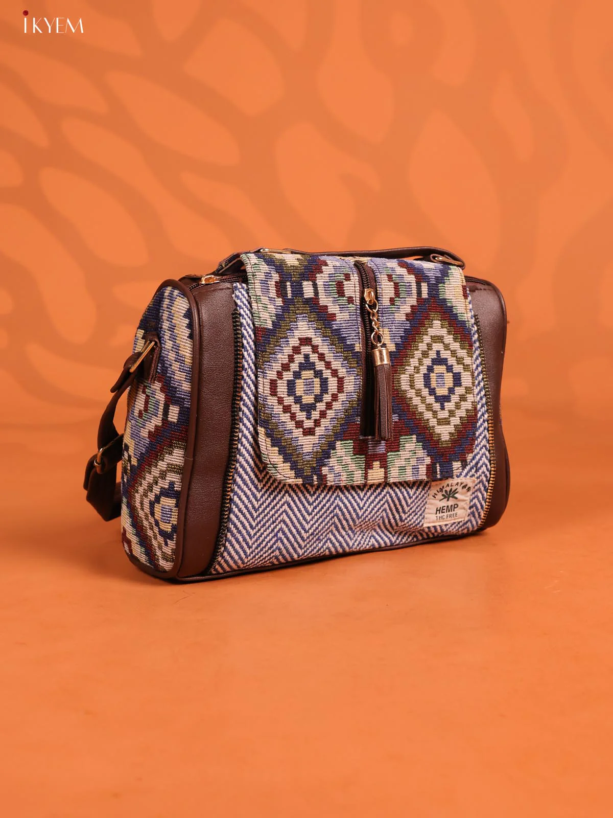 Jacquard Geometric Leather Sling Bag with 3 compartments - Dark blue - KD26673 - Image 2