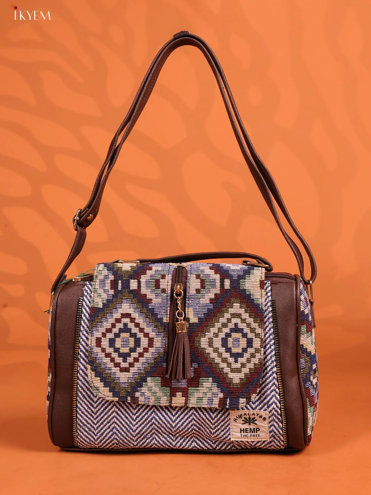 Jacquard Geometric Leather Sling Bag with 3 compartments - Dark blue - KD26673 - Image 4