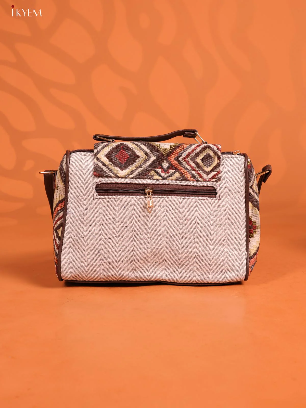 Jacquard Geometric Leather Sling Bag with 3 compartments - Grey - KD26675 - Image 3