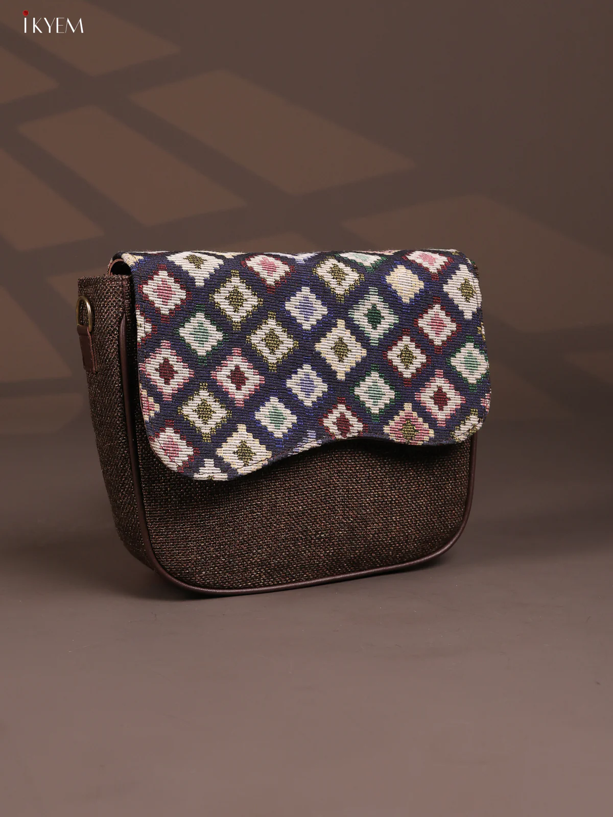 Jacquard Flap Ikat Printed Sling Bag with 3 Compartments - Brown - KD26679 - Image 2