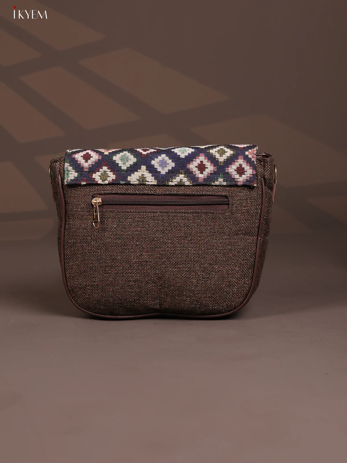 Jacquard Flap Ikat Printed Sling Bag with 3 Compartments - Brown - KD26679 - Image 3