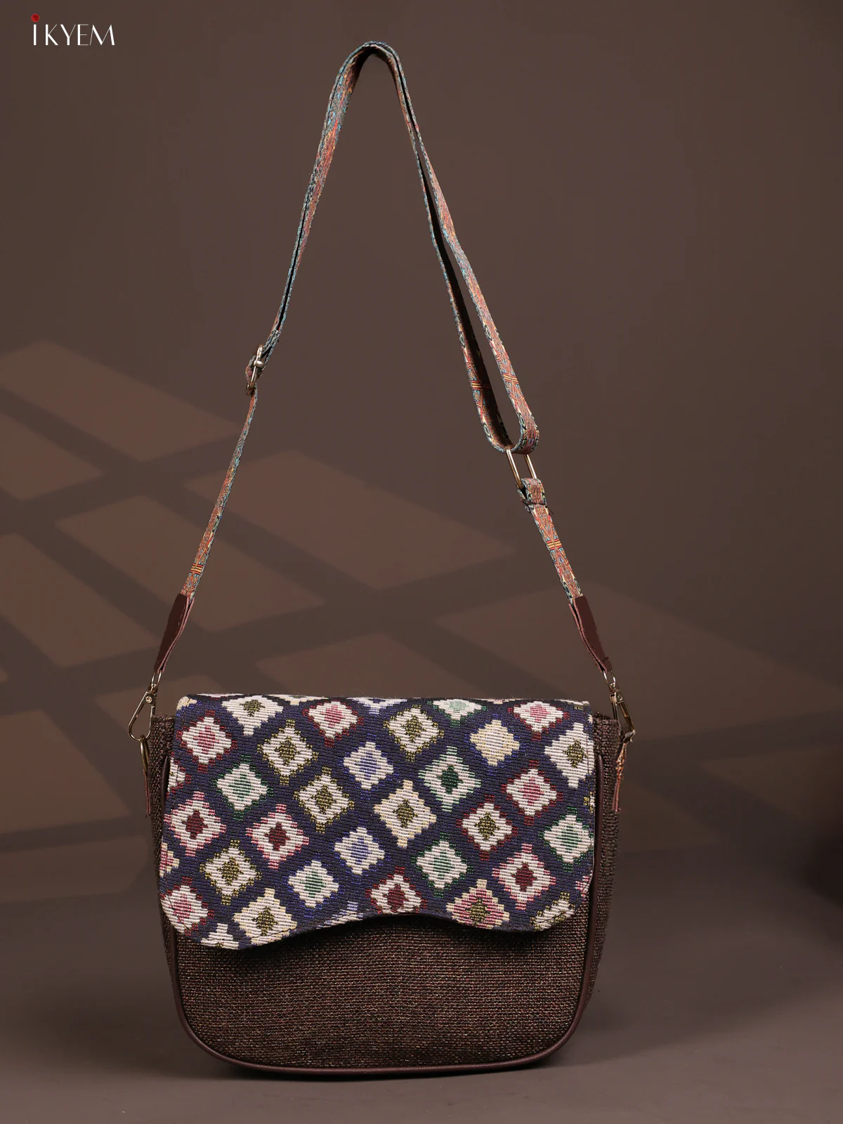 Jacquard Flap Ikat Printed Sling Bag with 3 Compartments - Brown - KD26679 - Image 4