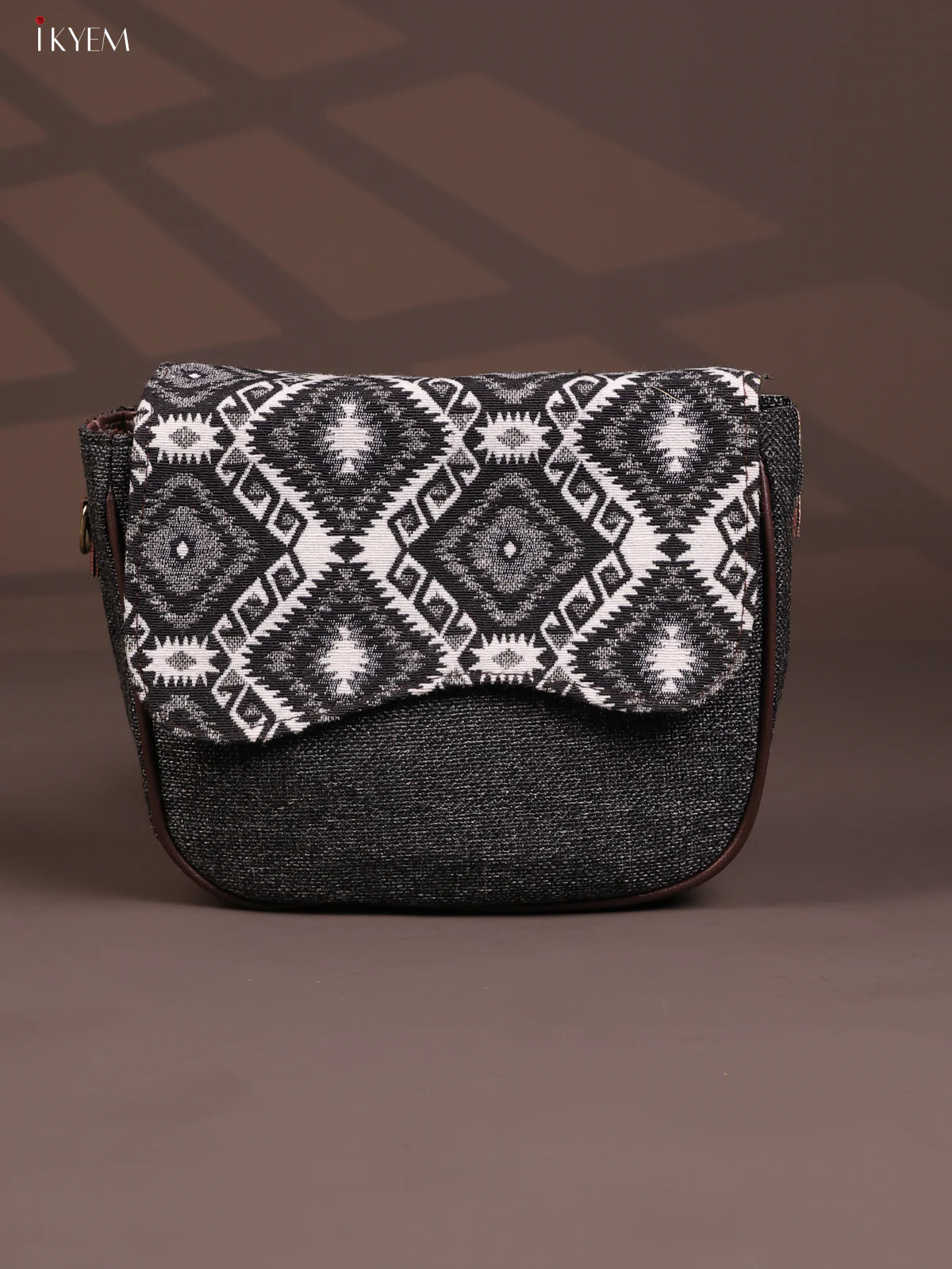 Jacquard Flap Ikat Printed Sling Bag with 3 Compartments - Black - KD26683