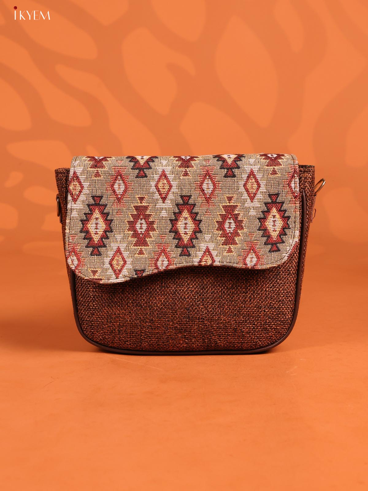 Jacquard Flap Printed Sling Bag with 3 Compartments - Coffee Brown