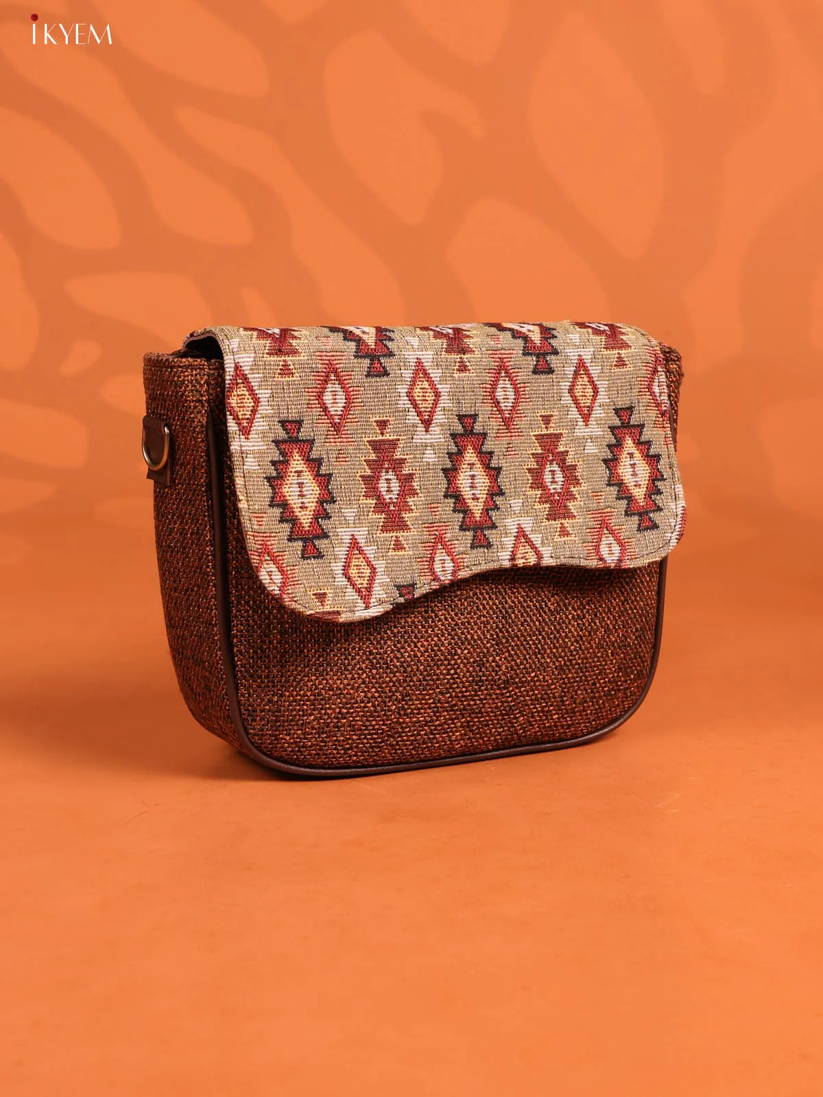 Jacquard Flap Printed Sling Bag with 3 Compartments - Coffee Brown - Image 2