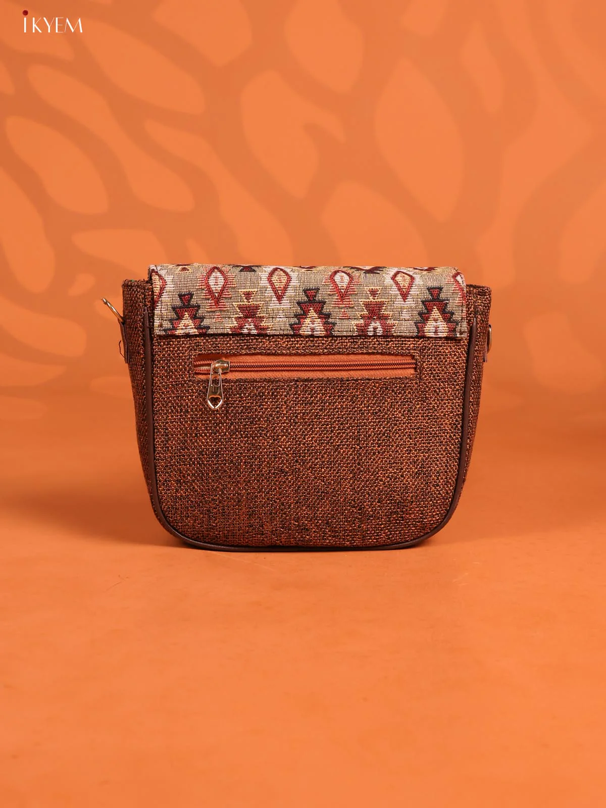 Jacquard Flap Printed Sling Bag with 3 Compartments - Coffee Brown - Image 3