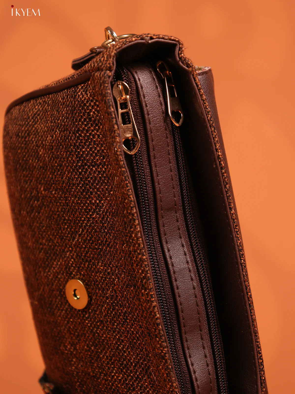 Jacquard Flap Printed Sling Bag with 3 Compartments - Coffee Brown - Image 5