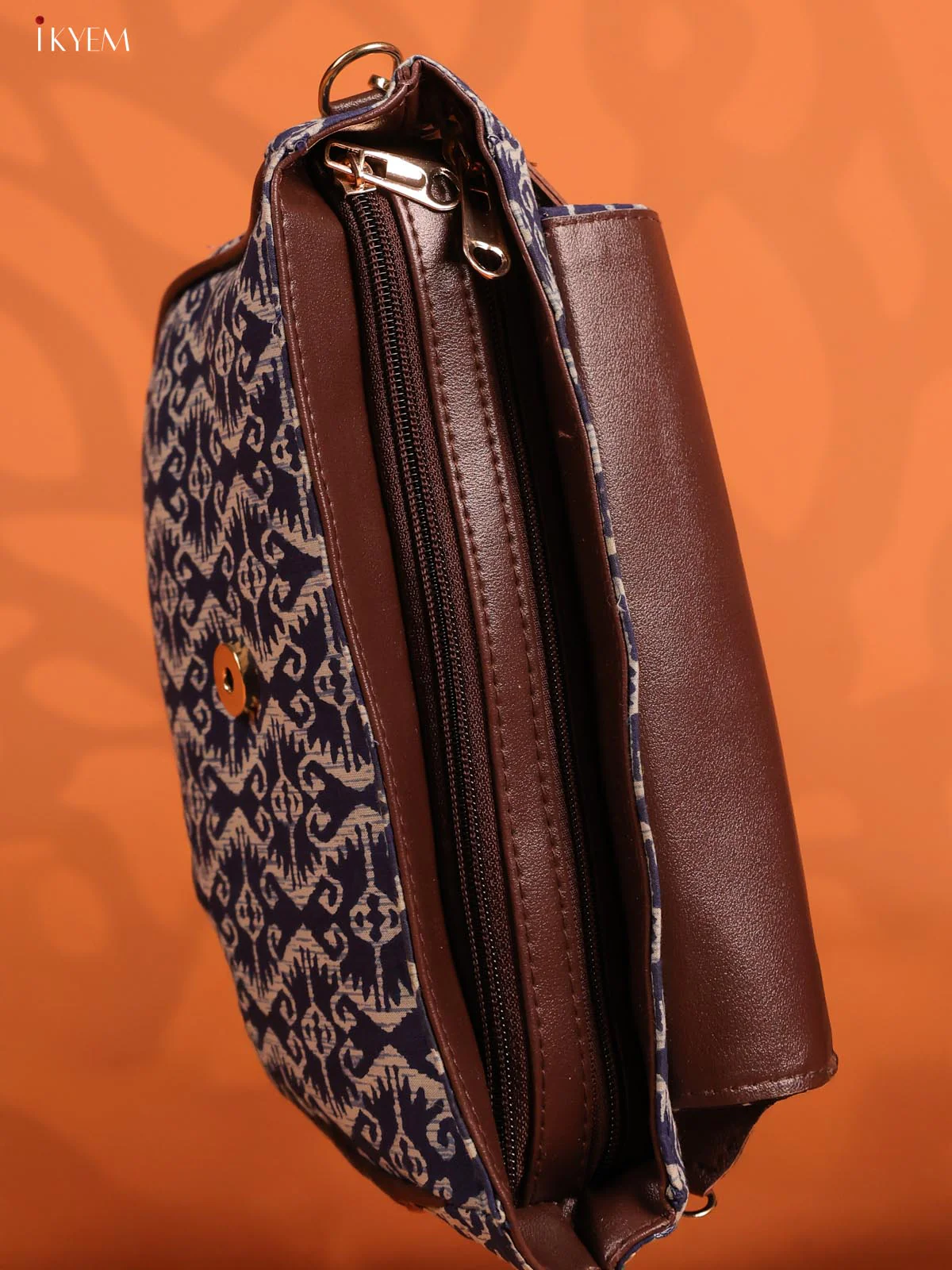 Jacquard Flap Ikat Printed Sling Bag with 3 Compartments - Indigo blue - KD26688 - Image 5