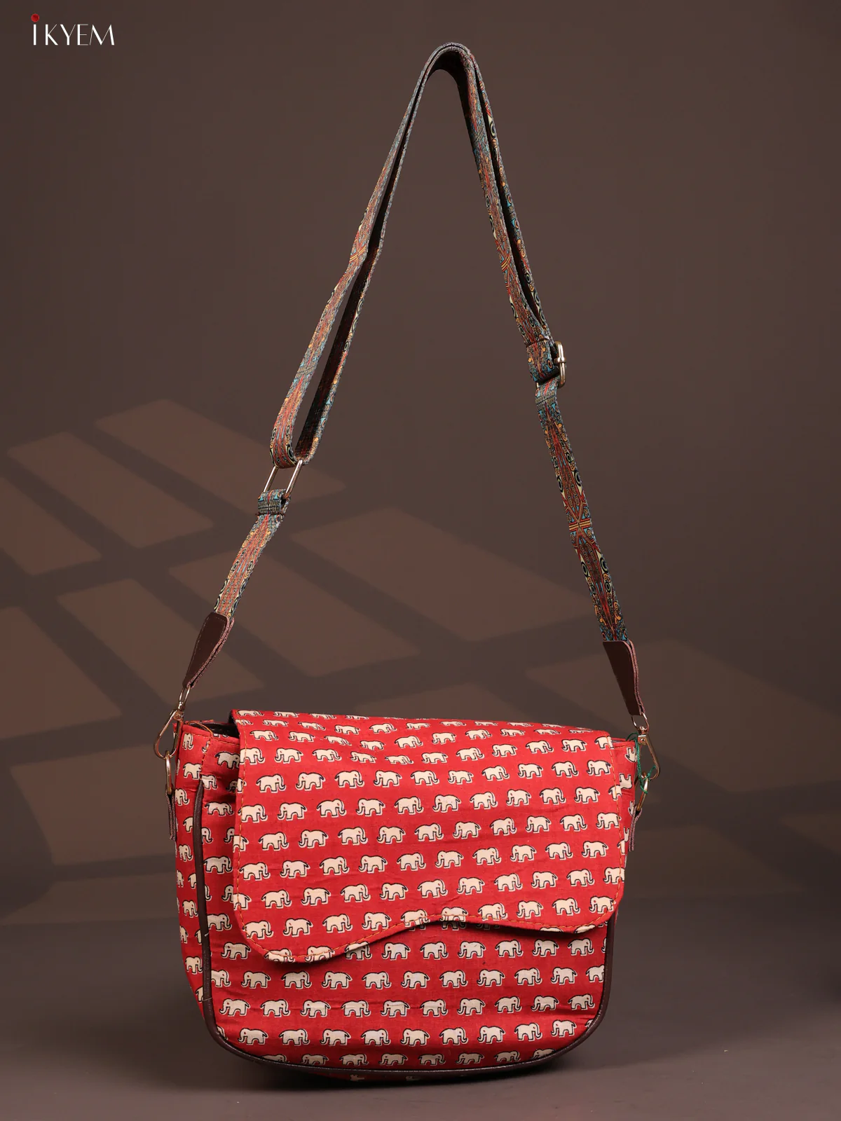 Jacquard Flap Elephant Printed Sling Bag with 3 Compartments - Red -KD26691 - Image 4