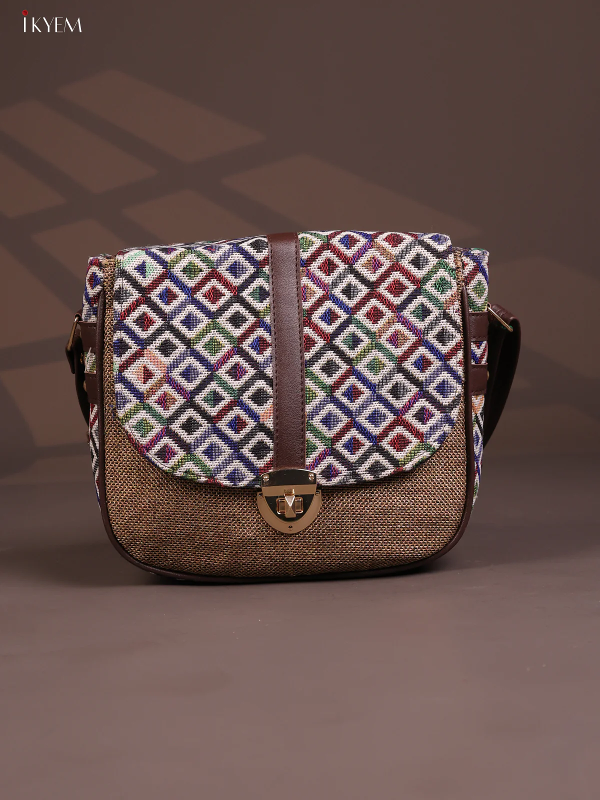 Jacquard geometric Gusset & Flap Leather sling bag with 3 Compartments - Brown - KD26695