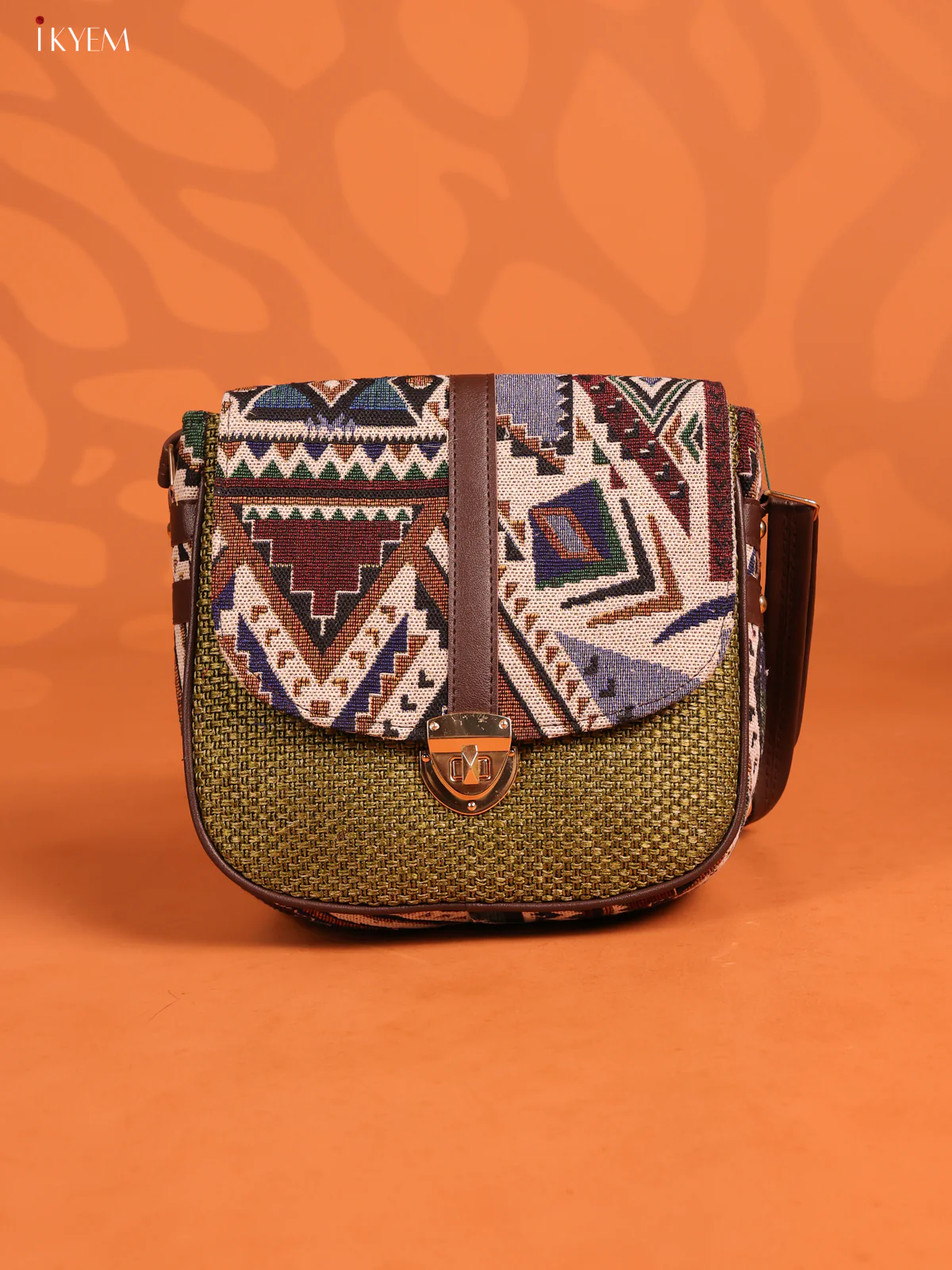Jacquard Ikat Gusset & Flap Leather sling bag with 3 Compartments - Green - KD26696