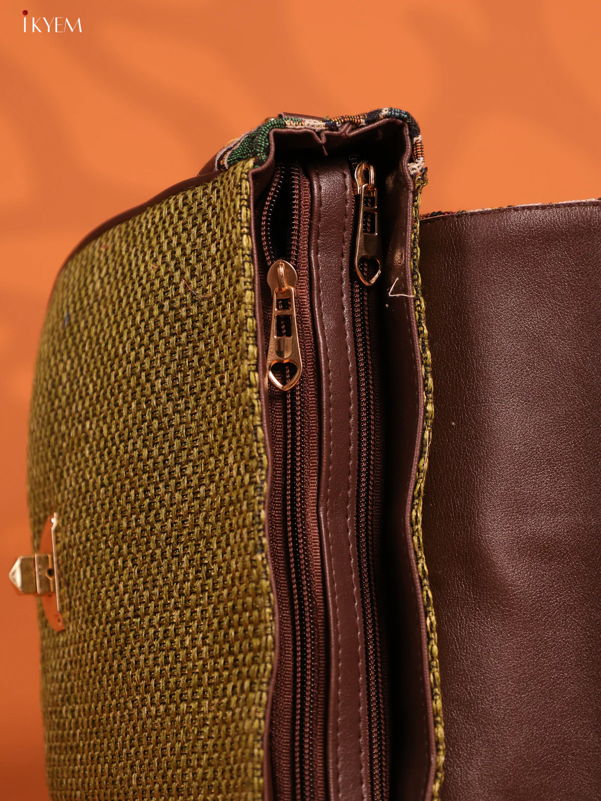 Jacquard Ikat Gusset & Flap Leather sling bag with 3 Compartments - Green - KD26696 - Image 5
