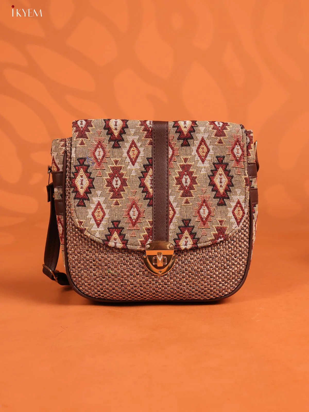 Jacquard Ikat Gusset & Flap Leather sling bag with 3 Compartments - Brown - KD26697