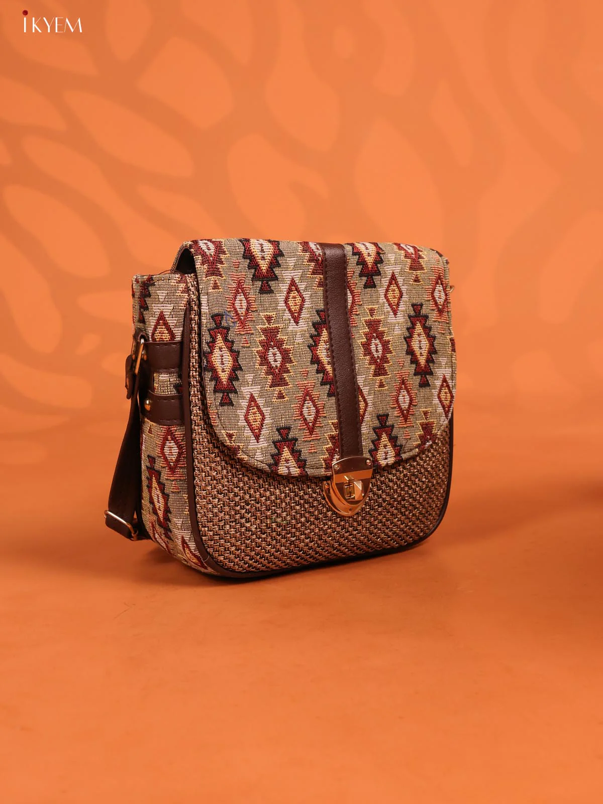 Jacquard Ikat Gusset & Flap Leather sling bag with 3 Compartments - Brown - KD26697 - Image 2