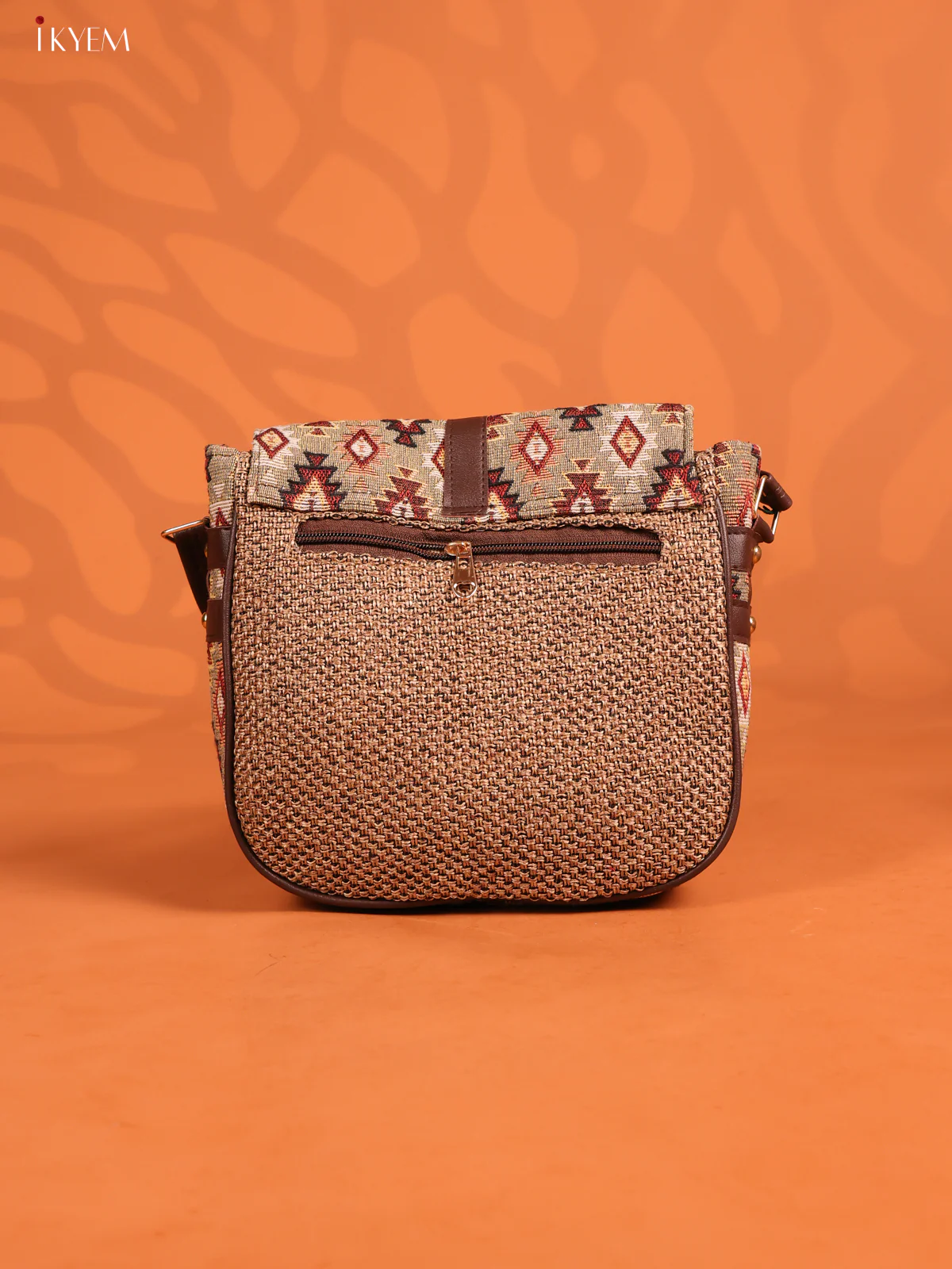 Jacquard Ikat Gusset & Flap Leather sling bag with 3 Compartments - Brown - KD26697 - Image 3