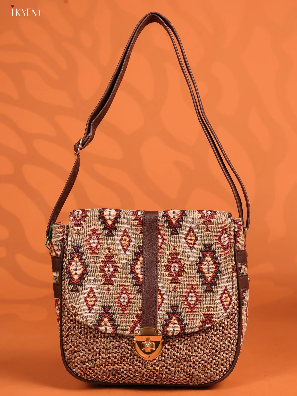 Jacquard Ikat Gusset & Flap Leather sling bag with 3 Compartments - Brown - KD26697 - Image 4