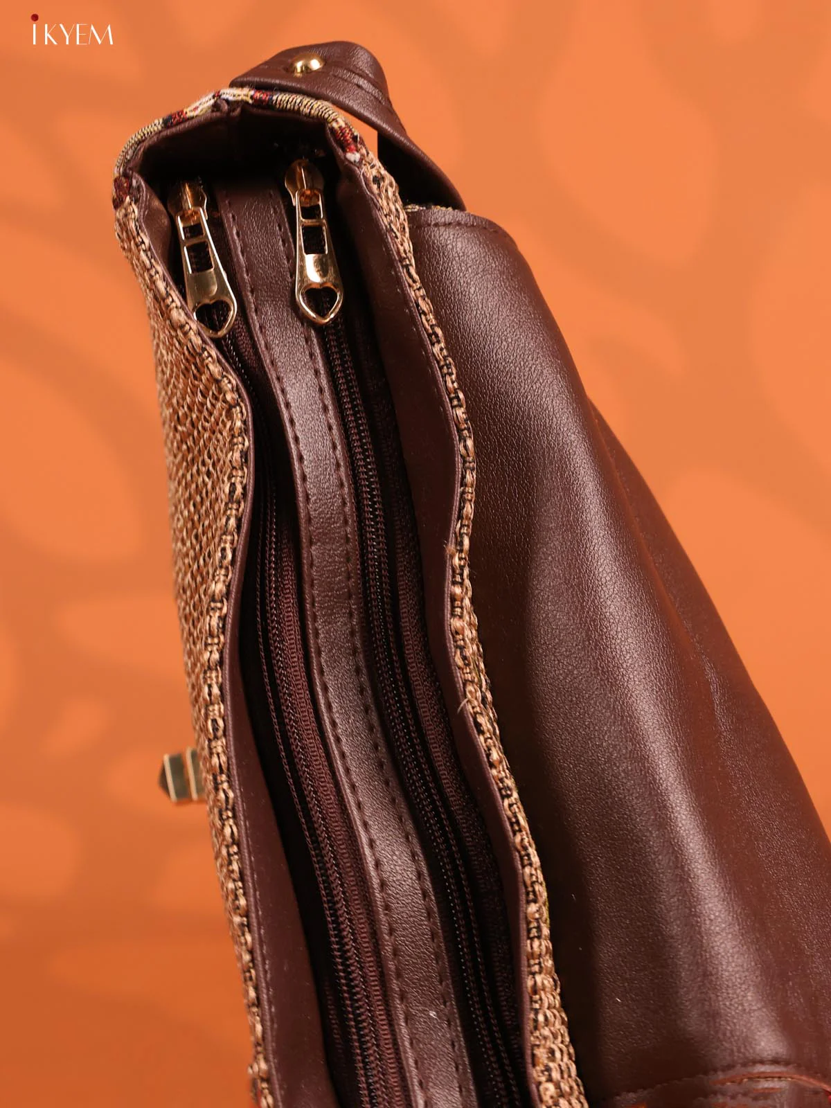 Jacquard Ikat Gusset & Flap Leather sling bag with 3 Compartments - Brown - KD26697 - Image 5