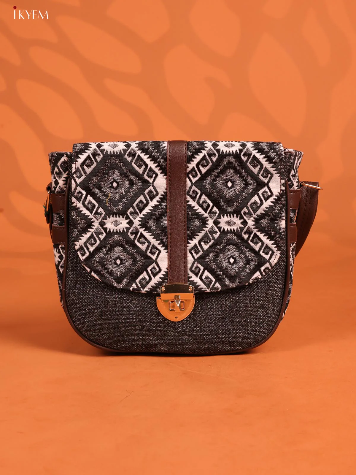 Jacquard Geometric Gusset & Flap Leather sling bag with 3 Compartments - Black - KD26698