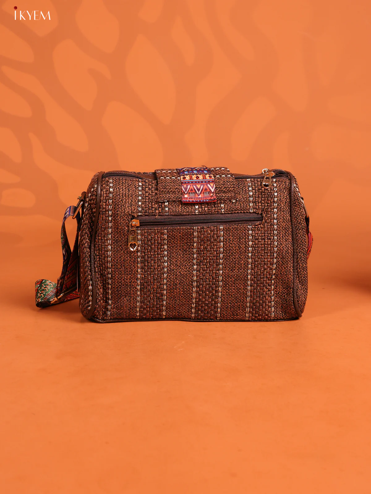 Jacquard Printed Leather Sling Bag with 3 Compartments - Coffee Brown - KD26699 - Image 3