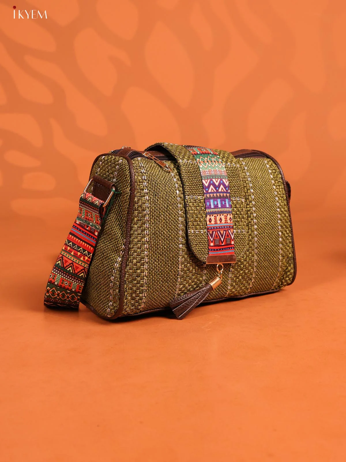 Jacquard Printed Leather Sling Bag with 3 Compartments - Green - KD26701 - Image 2
