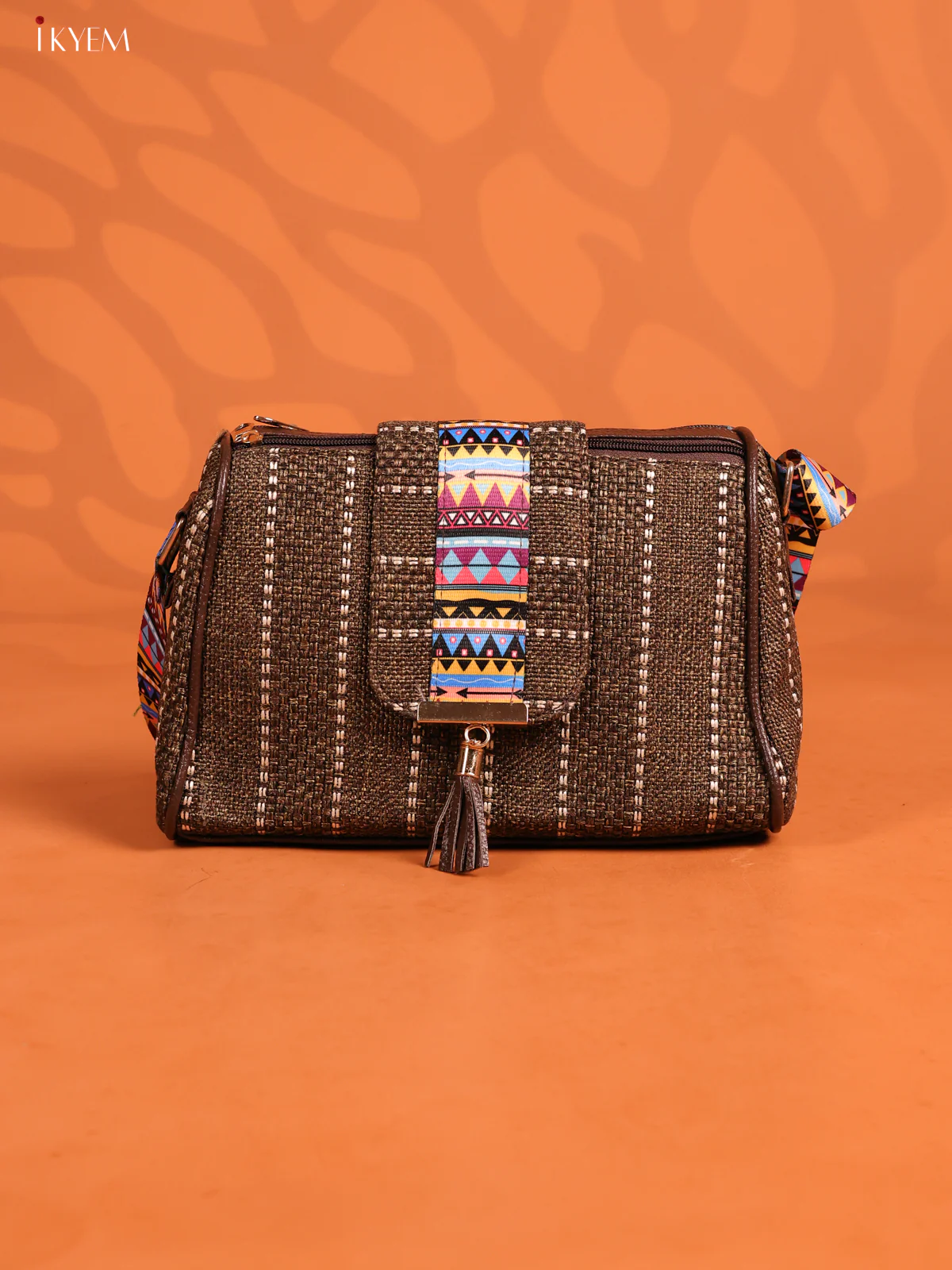 Jacquard Printed Leather Sling Bag with 3 Compartments - Dark Brown - KD26702