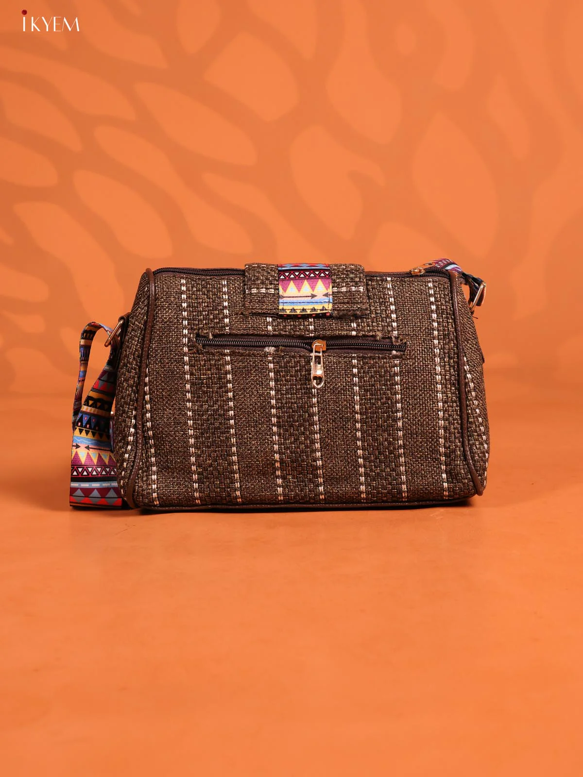 Jacquard Printed Leather Sling Bag with 3 Compartments - Dark Brown - KD26702 - Image 3