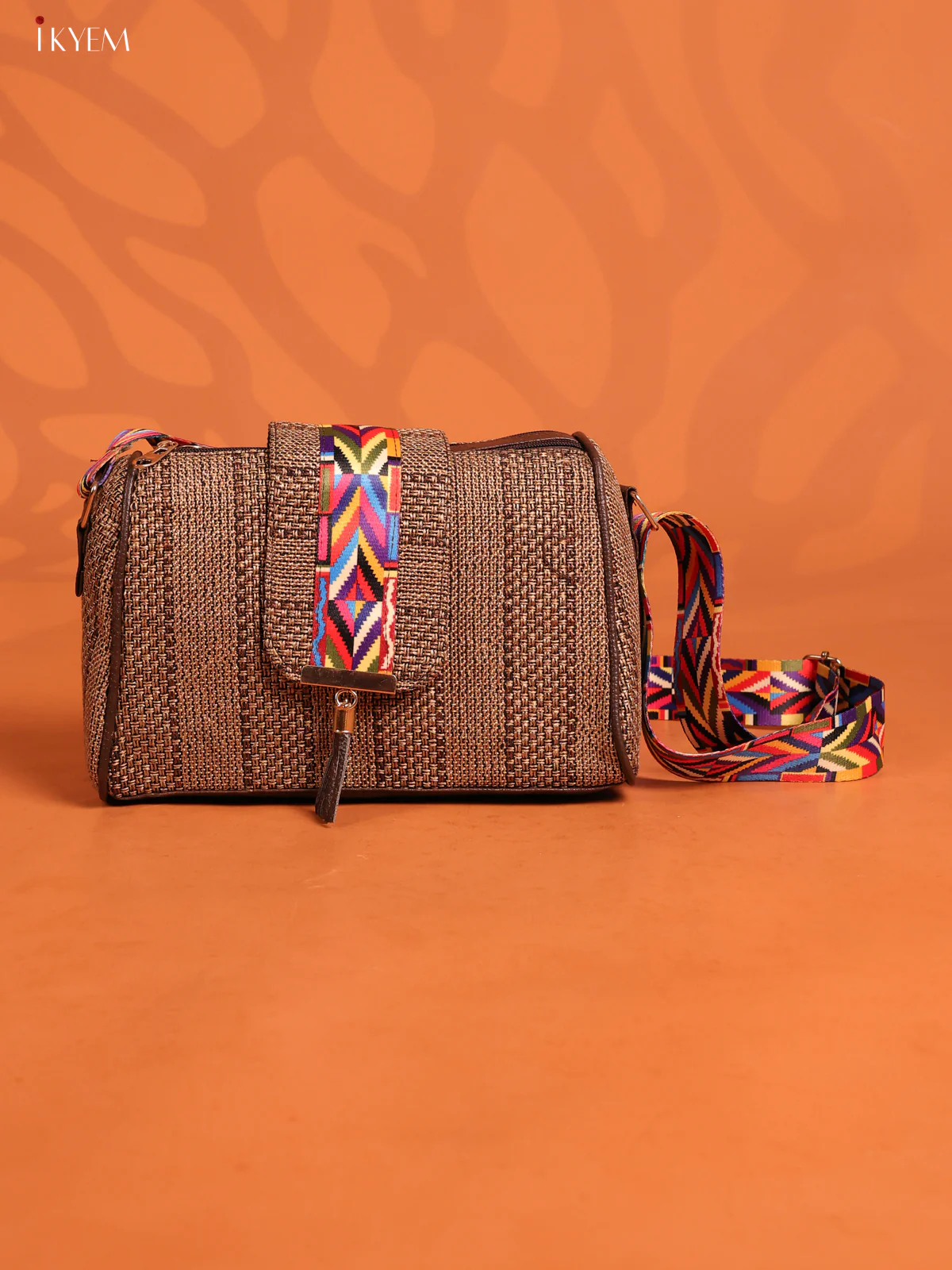Jacquard Printed Leather Sling Bag with 3 Compartments - Brown - KD26703