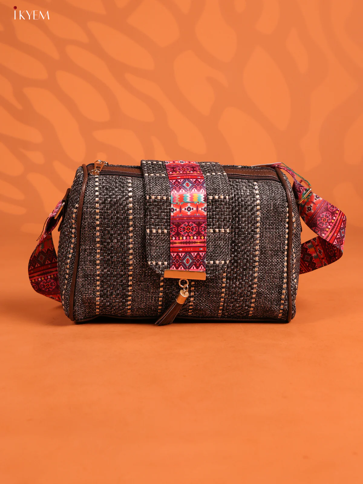 Jacquard Printed Leather Sling Bag with 3 Compartments - Grey - KD26704