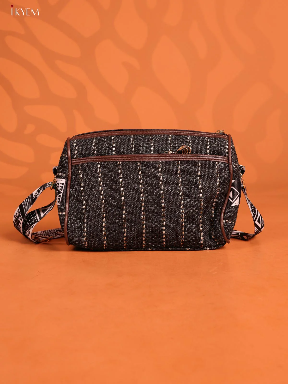 Jacquard Printed Sling Bag with 4 Compartments - Black - KD26708 - Image 3