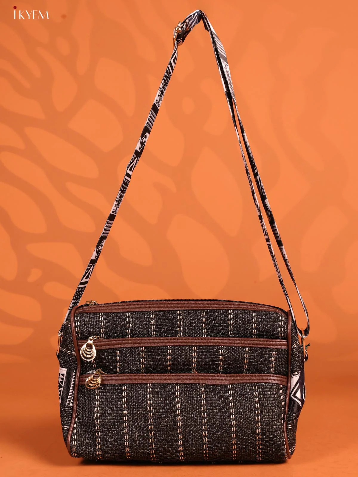 Jacquard Printed Sling Bag with 4 Compartments - Black - KD26708 - Image 4