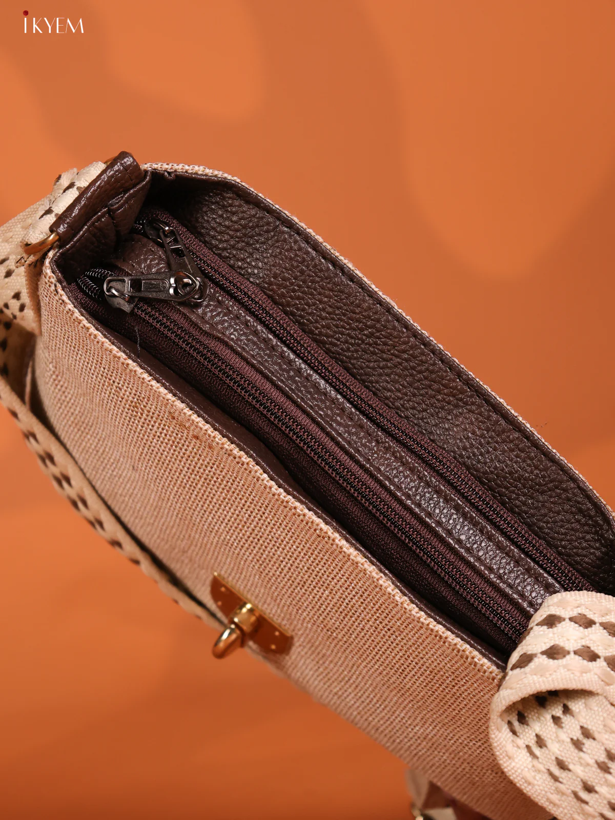 Jacquard woven Gusset & Flap Printed Sling Bag with 3 Compartments - Cream - KD26713 - Image 3