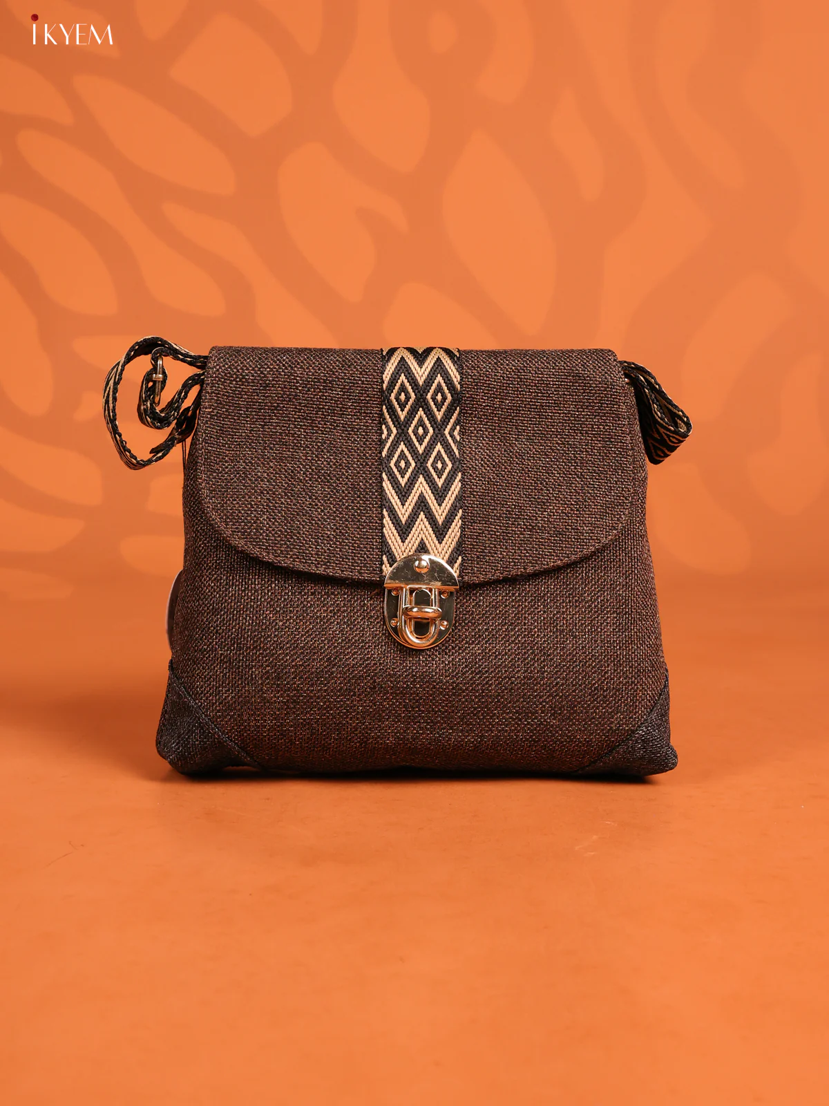 Jacquard woven Flap Printed Sling Bag with 3 Compartments - Coffee Brown