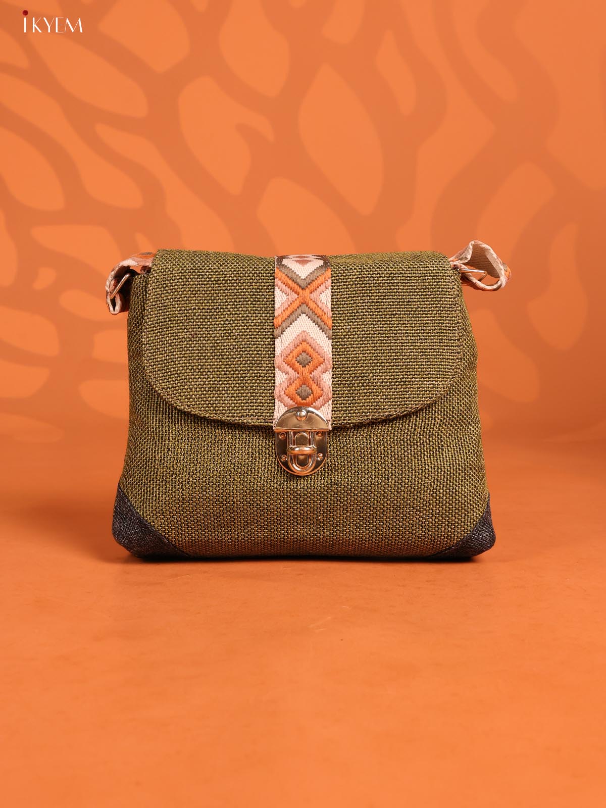 Jacquard woven Gusset & Flap Printed Sling Bag with 3 Compartments - Green - KD26716