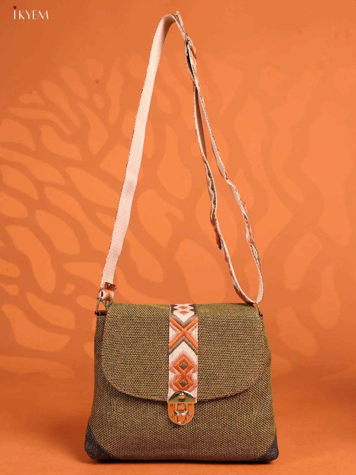 Jacquard woven Gusset & Flap Printed Sling Bag with 3 Compartments - Green - KD26716 - Image 4