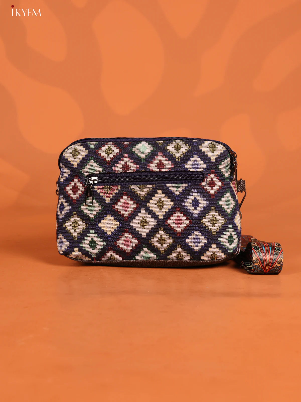 jacquard Geometric Leather Printed Sling Bag with 3 Compartments - Navy blue - KD26724 - Image 2