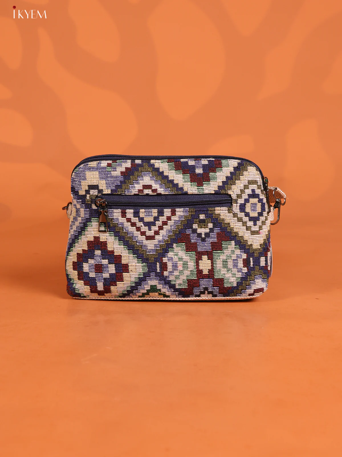 jacquard Geometric Leather Printed Sling Bag with 3 Compartments - Cream - KD26725 - Image 2