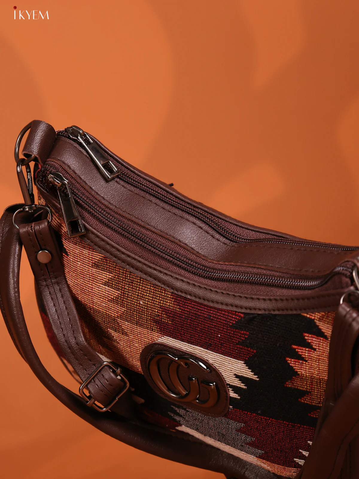 jacquard Ikat Leather Sling Bag with 3 Compartments - Multi colour - KD26727 - Image 3